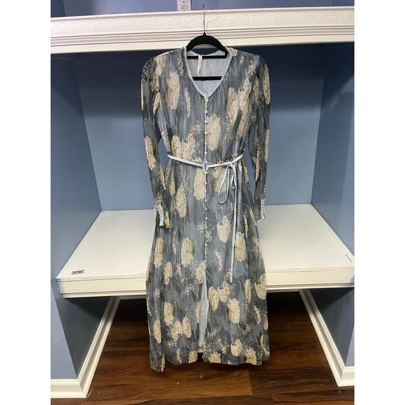 Zara Collection Women S Floral Kimono Maxi Dress Muted Pleated Sheer Beach Rare - Picture 2 of 14